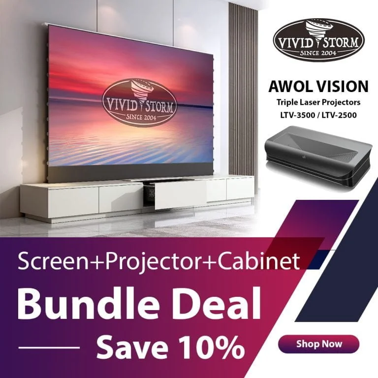 VIVIDSTORM S Pro Screen + AWOL Vision LTV-3500 Triple Laser Projector + Cabinet Super Bundle Deal
