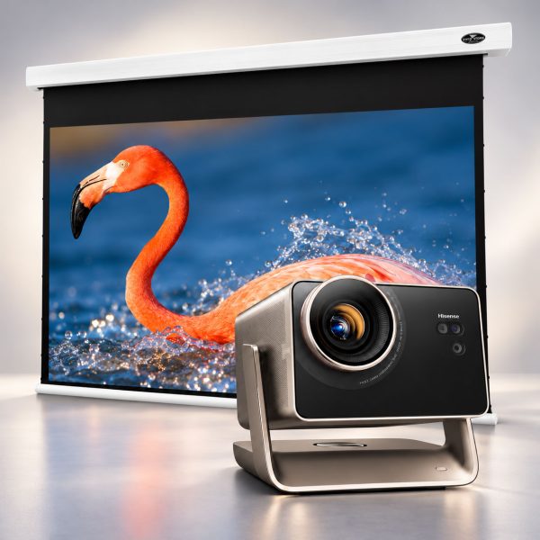 Hisense C3 Ultra 4K Smart Projector + VIVIDSTORM Cinematic White Motorised Drop Down Projector Screen Package Deal - White Housing