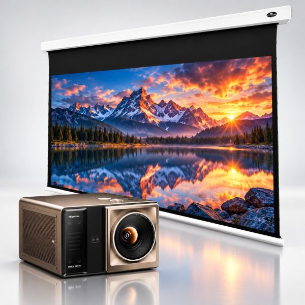 Hisense XR10 4K Laser Projector + VIVIDSTORM Cinematic White Motorised Drop Down Projector Screen Package Deal - White Housing