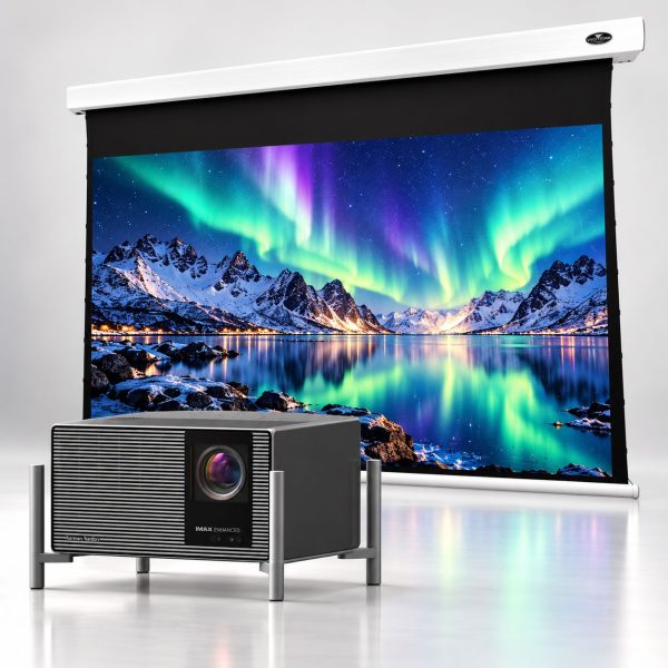 XGIMI TITAN Noir Max 4K RGB Laser Projector + VIVIDSTORM Cinematic White Motorised Drop Down Projector Screen Package Deal - White Housing